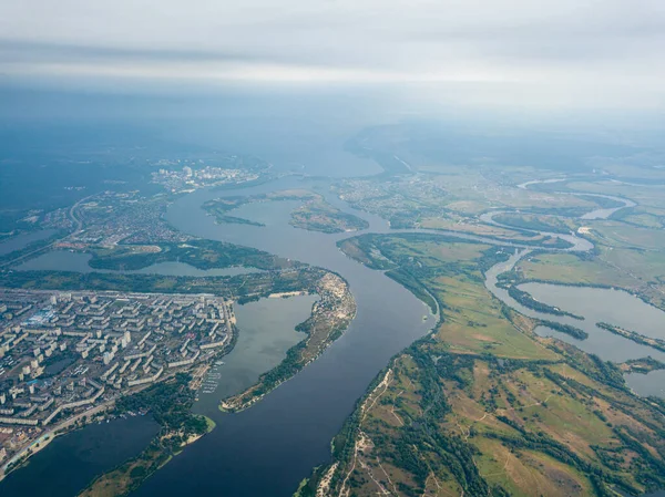 Vista Aérea Del Río Dniéper Ciudad Kiev Desde Arriba Día — Foto de Stock