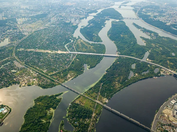 Flygfoto Över Floden Dnepr Och Staden Kiev Ovanifrån Sommaren Solig — Stockfoto