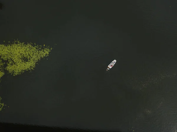 Vista Aérea Drones Barco Motor Água Lado Dos Lírios — Fotografia de Stock