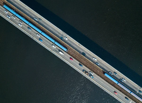 Vue Aérienne Dessus Drone Les Trains Métro Kiev Traversent Pont — Photo