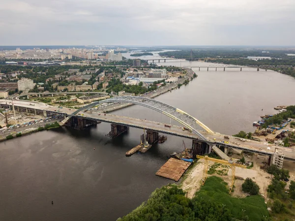 Construção Uma Ponte Sobre Rio Dnieper Kiev Vista Aérea Drones — Fotografia de Stock