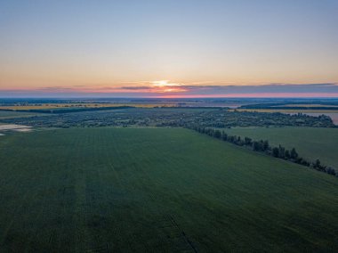 Ukrayna 'nın tarım arazilerinin üzerinde gün batımı. Hava aracı görünümü.