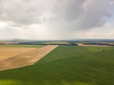 Aerila İHA görüntüsü. Ukrayna 'daki tarım arazileri üzerine yaz yağmuru.