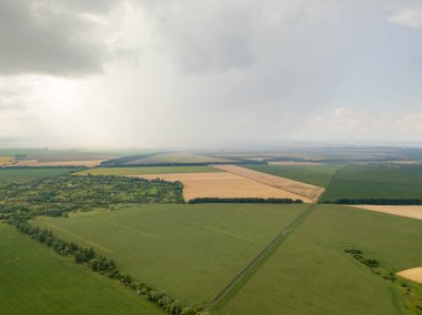 Aerila İHA görüntüsü. Ukrayna 'daki tarım arazileri üzerine yaz yağmuru.
