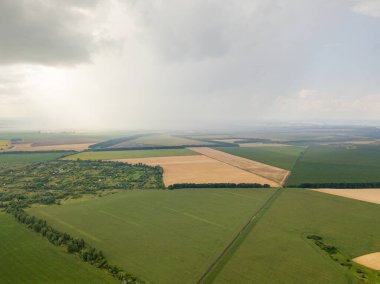 Aerila İHA görüntüsü. Ukrayna 'daki tarım arazileri üzerine yaz yağmuru.