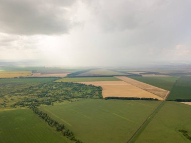 Aerila İHA görüntüsü. Ukrayna 'daki tarım arazileri üzerine yaz yağmuru.