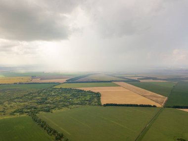 Aerila İHA görüntüsü. Ukrayna 'daki tarım arazileri üzerine yaz yağmuru.