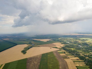 Aerila İHA görüntüsü. Ukrayna 'daki tarım arazileri üzerine yaz yağmuru.