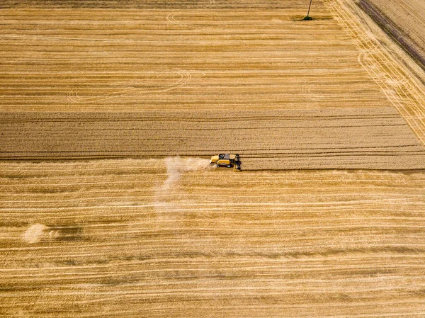 空中无人驾驶飞机视图 收割者在乌克兰田里收割小麦 — 图库照片