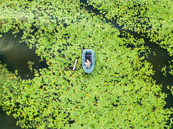 Aerial Drone View Fishing Boat Water Lilies River — Stock Photo, Image