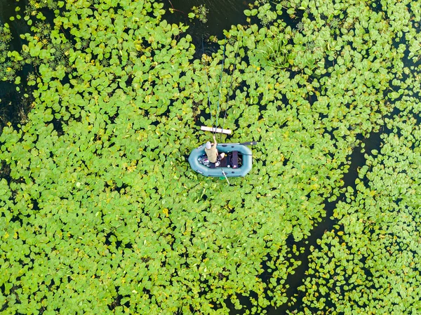Aerial Drone View Fishing Boat Water Lilies River — Stock Photo, Image
