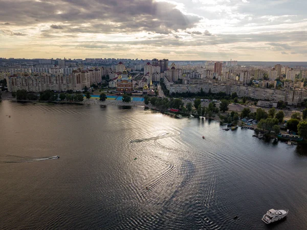 Tramonto Sul Fiume Dnieper Kiev Vista Aerea Drone — Foto Stock