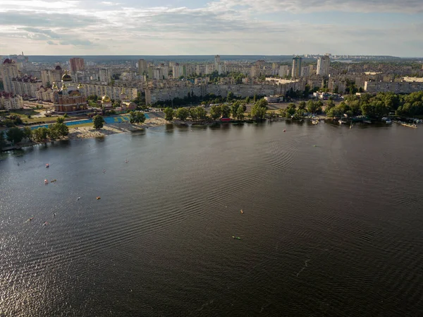 Coucher Soleil Sur Rivière Dniepr Kiev Vue Aérienne Drone — Photo