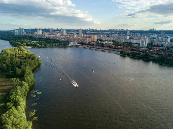 Puesta Sol Sobre Río Dniéper Kiev Vista Aérea Del Dron — Foto de Stock