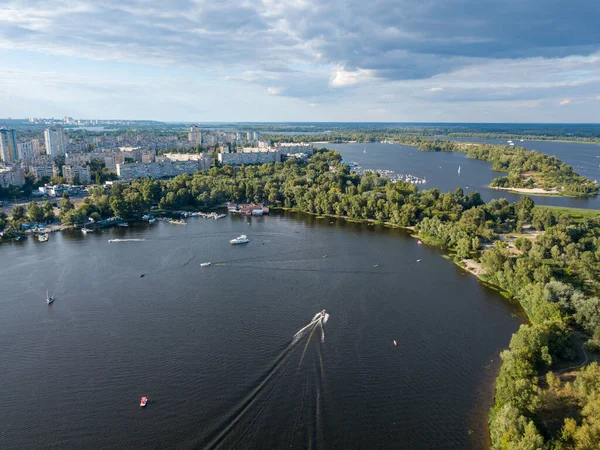 Solnedgång Över Floden Dnepr Kiev Flygdrönare — Stockfoto