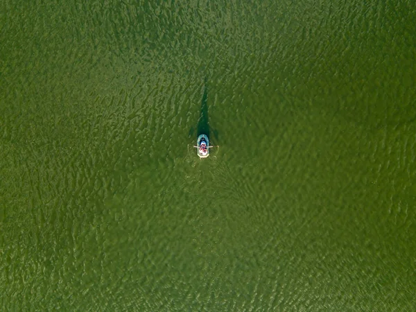 Aerial Drone View Fishing Boat Green Water River — Stock Photo, Image