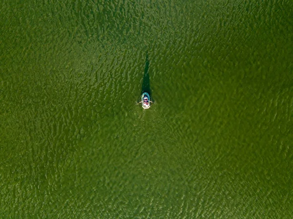 Aerial Drone View Fishing Boat Green Water River — Stock Photo, Image