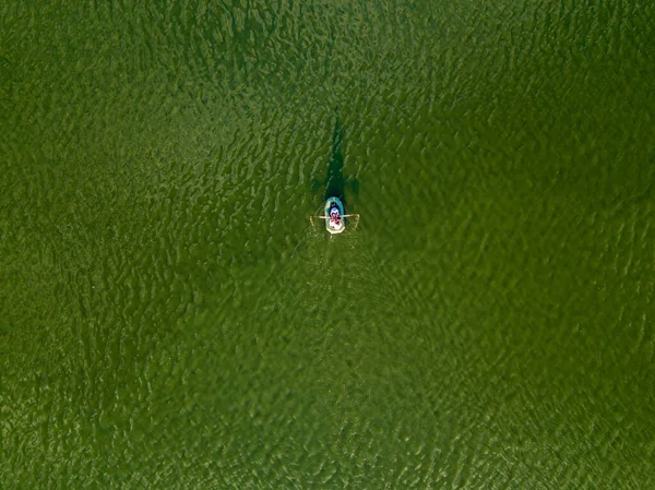 Aerial Drone View Fishing Boat Green Water River — Stock Photo, Image