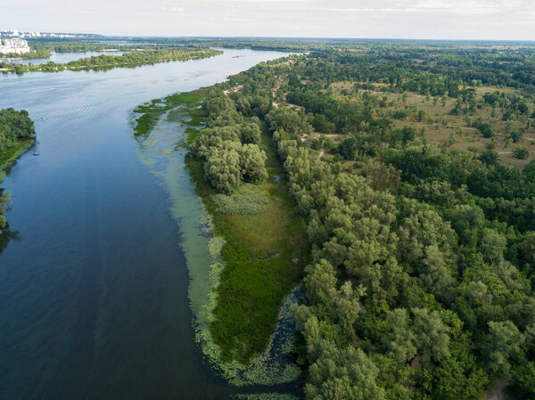 Aerial drone view of the Dnieper River in Kiev.