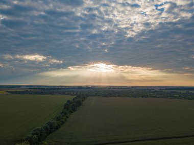 Hava görüntüsü. Ukrayna tarım arazileri üzerinde gün batımı.
