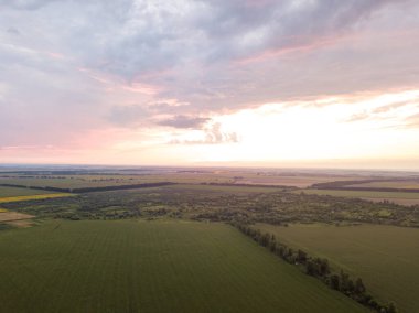 Hava görüntüsü. Ukrayna tarım arazileri üzerinde gün batımı.