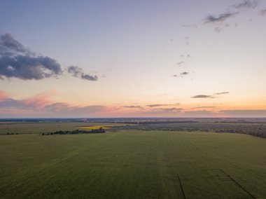 Hava görüntüsü. Ukrayna tarım arazileri üzerinde gün batımı.