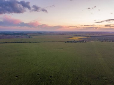 Hava görüntüsü. Ukrayna tarım arazileri üzerinde gün batımı.