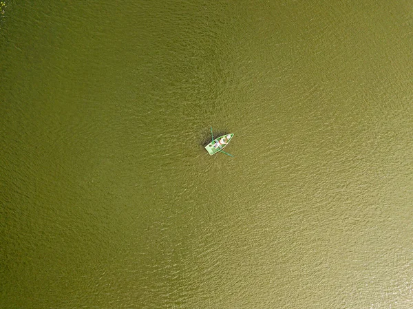 Aerial Drone View Fishing Boat River Summer Day — Stock Photo, Image