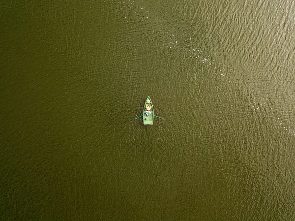 Aerial Drone View Fishing Boat River Summer Day — Stock Photo, Image