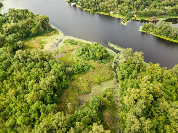 Letecký Pohled Zelený Břeh Řeky Dněpru Letní Den — Stock fotografie