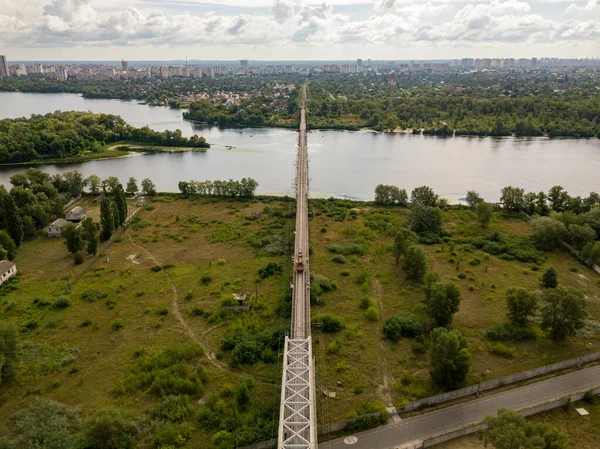 Aerial Drone View Railway Bridge Dnieper River Kiev — Stock Photo, Image