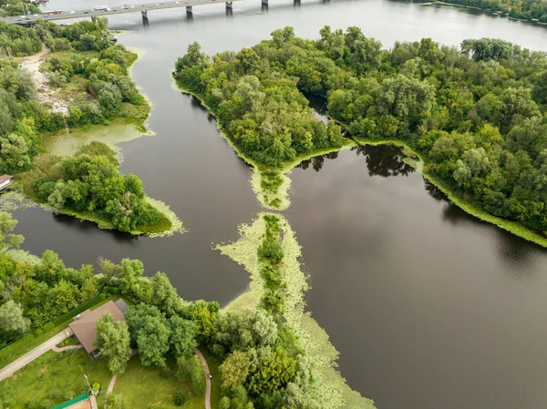 Vista Aérea Orilla Verde Del Río Dniéper Día Verano —  Fotos de Stock