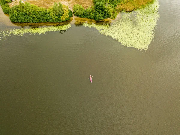 Barco Caiaque Rio Dia Verão Vista Aérea Drones — Fotografia de Stock