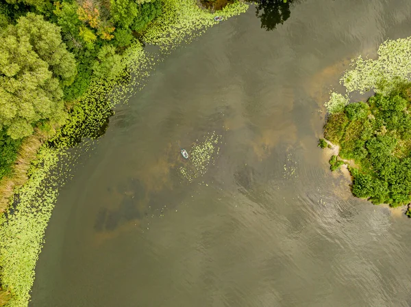 Drohnen Aus Der Luft Fischerboot Auf Dem Fluss Einem Sommertag — Stockfoto
