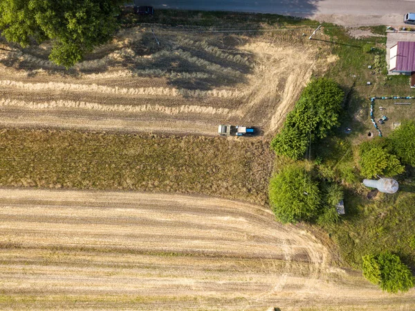 Vue Aérienne Sur Drone Récolte Mécanisée Blé Champ — Photo