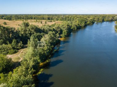 Güneşli bir yaz gününde Dinyeper nehrinin yeşil kıyısında. Hava aracı görünümü.