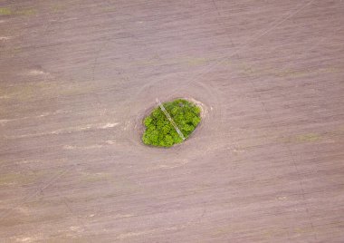 Hava aracı görüntüsü. Tarlaların arasında bir elektrik hattı direği. Güneşli bahar günü.