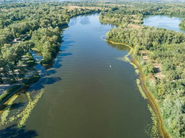 Güneşli bir yaz gününde Dinyeper nehrinin yeşil kıyısında. Hava aracı görünümü.