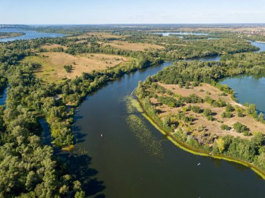 Güneşli bir yaz gününde Dinyeper nehrinin yeşil kıyısında. Hava aracı görünümü.
