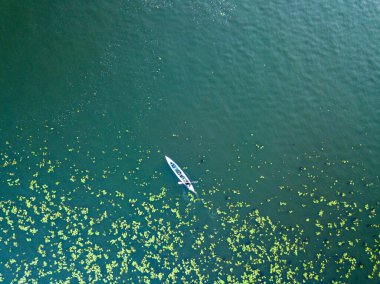 Dinyeper nehrinin yeşil sularında kayık. Hava aracı görünümü.