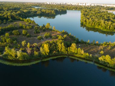 Güneşli bir yaz gününde Dinyeper nehrinin yeşil kıyısında. Hava aracı görünümü.