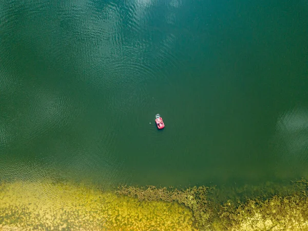 Vue Aérienne Sur Drone Catamaran Sur Lac — Photo