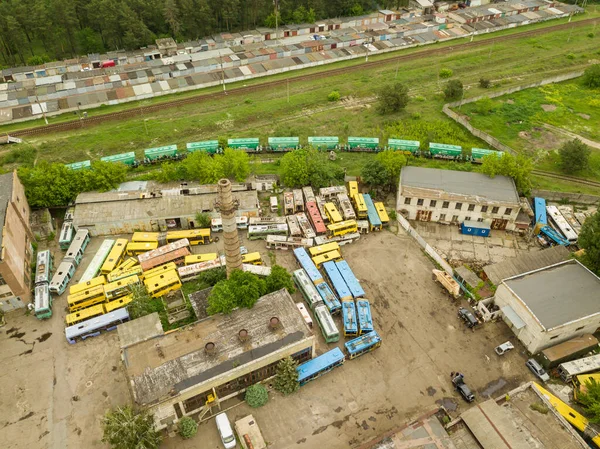 Vista Aérea Del Dron Depósito Autobuses Abandonados Kiev —  Fotos de Stock