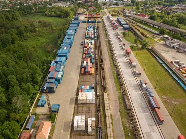 Multicolored Freight Containers Railroad Aerial Drone View — Stock Photo, Image