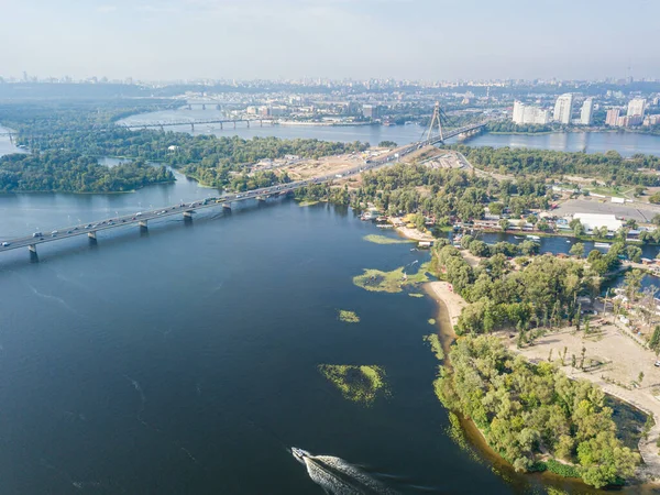 Vue Aérienne Par Drone Fleuve Dniepr Kiev Journée Ensoleillée Claire — Photo