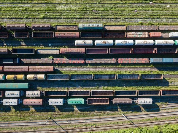 Tehervonatok Vasútállomáson Vasúton Légi Felvétel — Stock Fotó