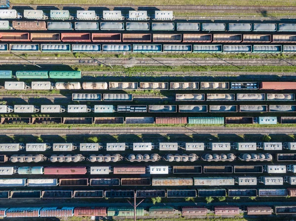 Nákladní Vlaky Železnici Skladišti Letecký Pohled — Stock fotografie