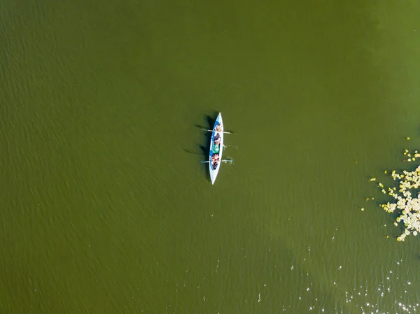 Kayak Boat Green Water Dnieper River Aerial Drone View — Stock Photo, Image