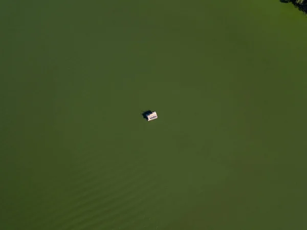 Fishing Boat Green Water Aerial Drone View Algae Bloom River — Stock Photo, Image