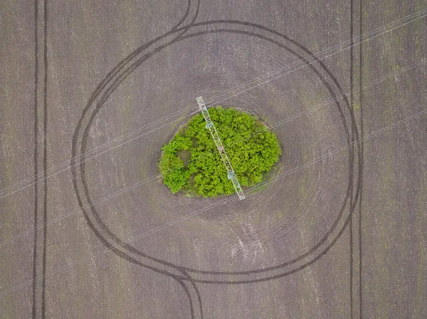 Aerial Drone View Power Line Post Plowed Field Sunny Spring — Stock Photo, Image